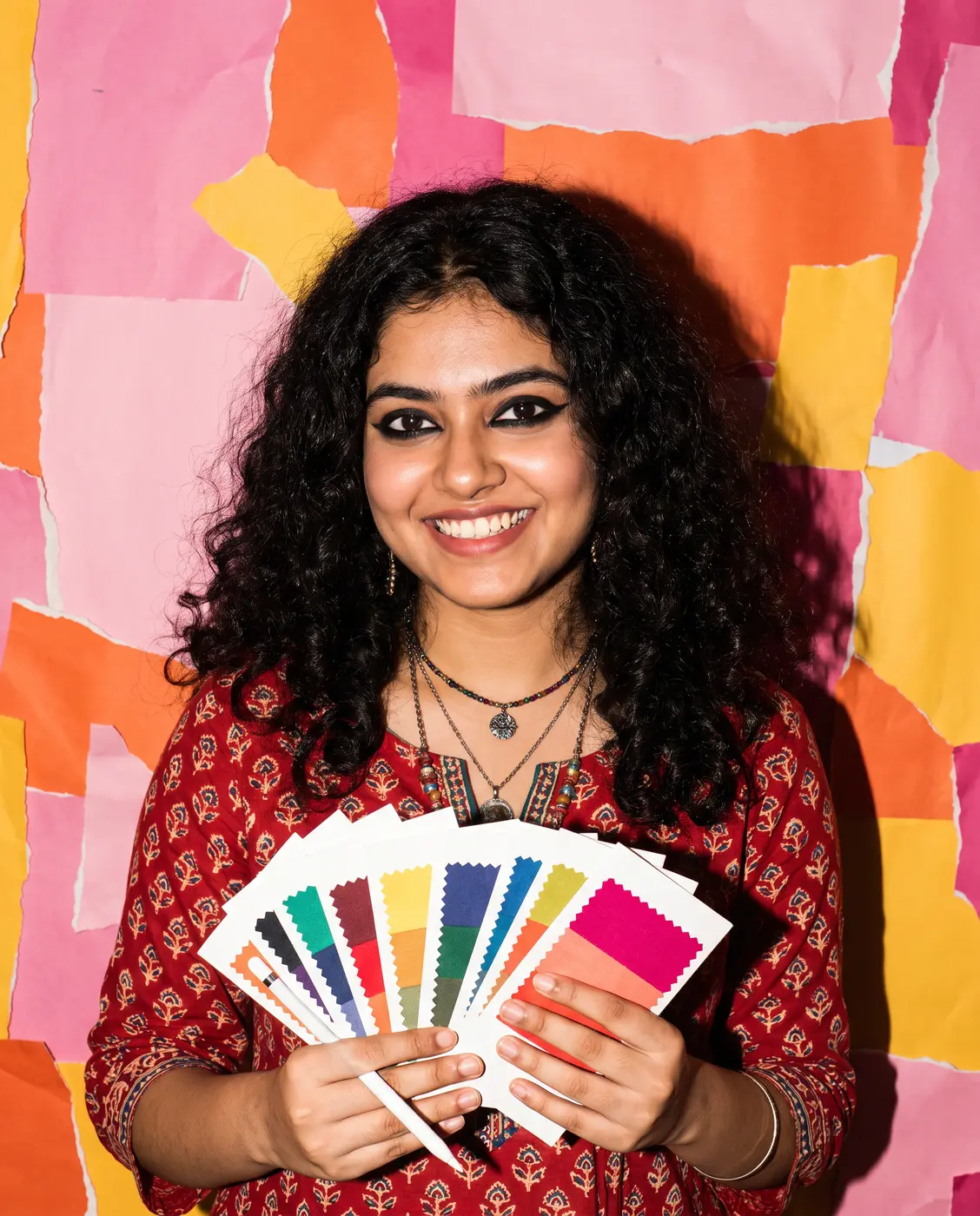 Designer holding colour swatches and a stylus