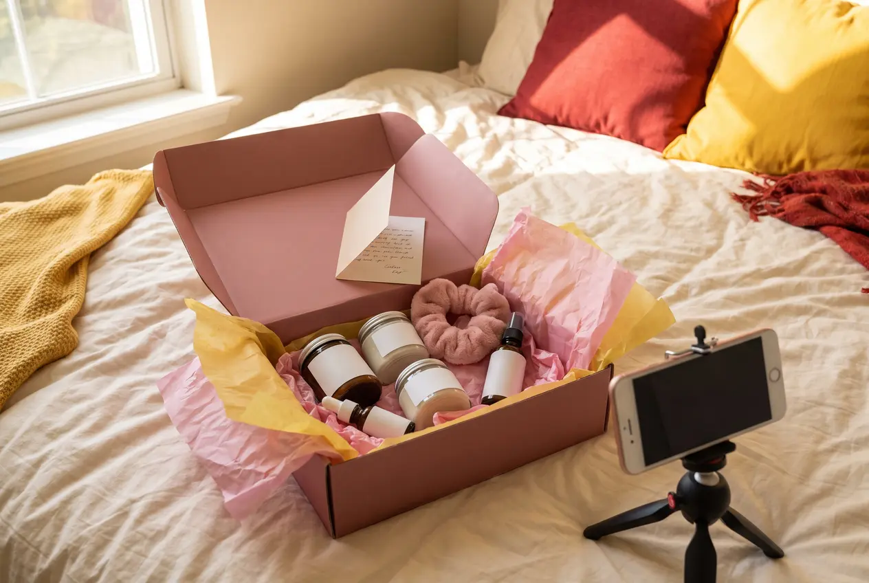 Opened pink PR gift box with skincare products and a phone on a tripod