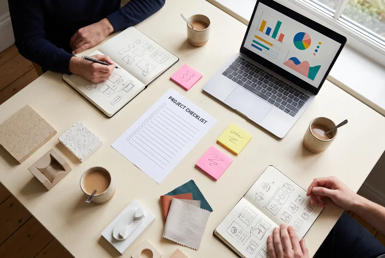 Meeting table with notebooks, a checklist and sticky notes seen from above