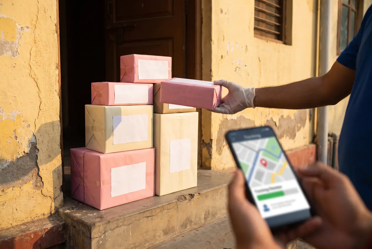 Parcels on a doorstep being handed back, with an order status screen on a phone