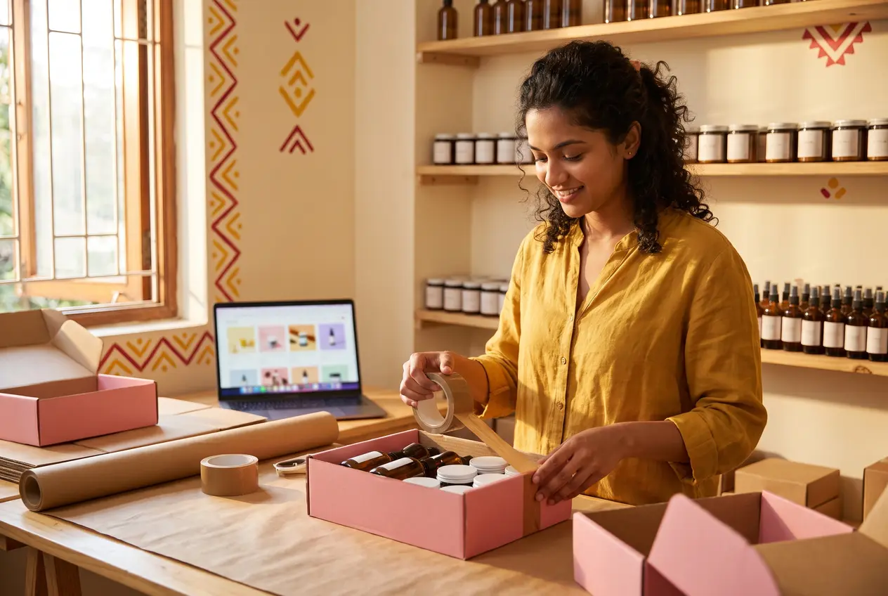 Young founder packing skincare orders in a small bright studio