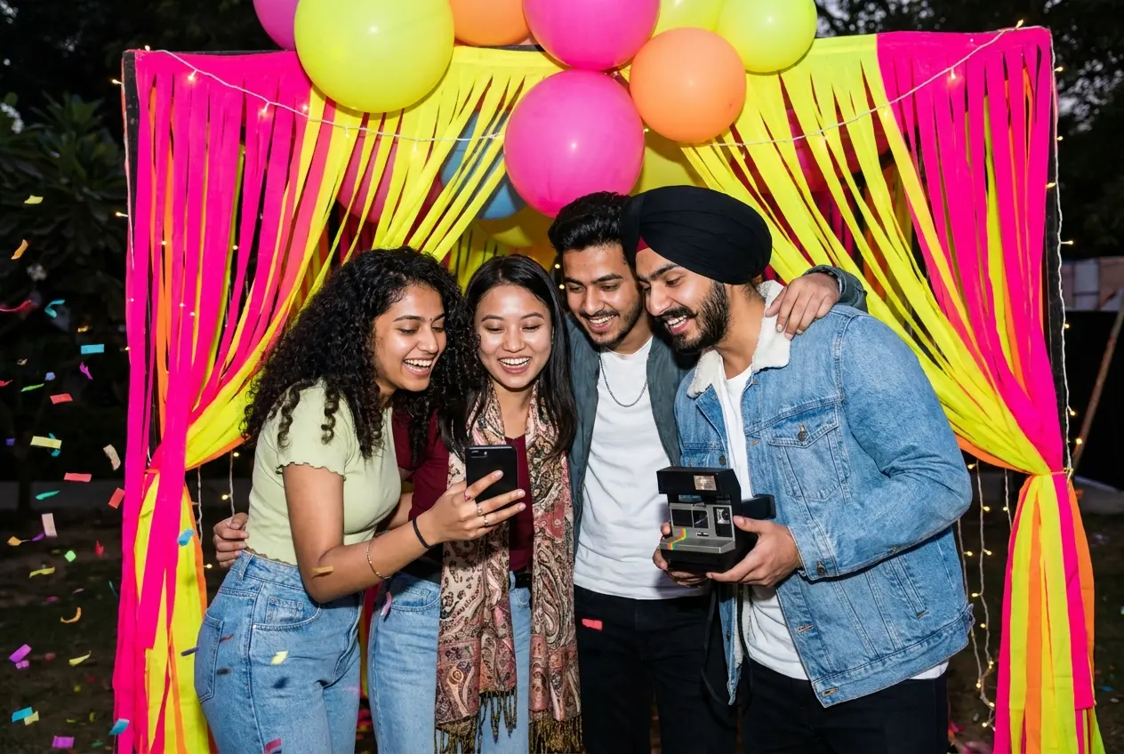 Gen Z friends taking photos at a colourful pop-up brand booth