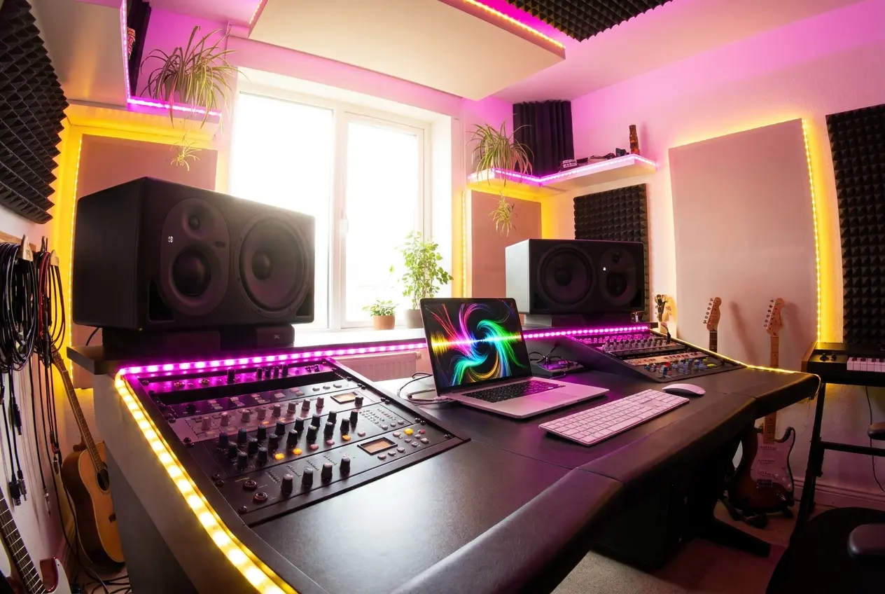 Mixing console and studio monitors with pink lights