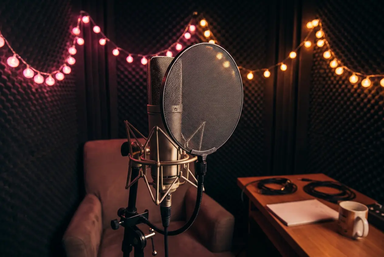 Studio microphone in a recording booth with warm lights