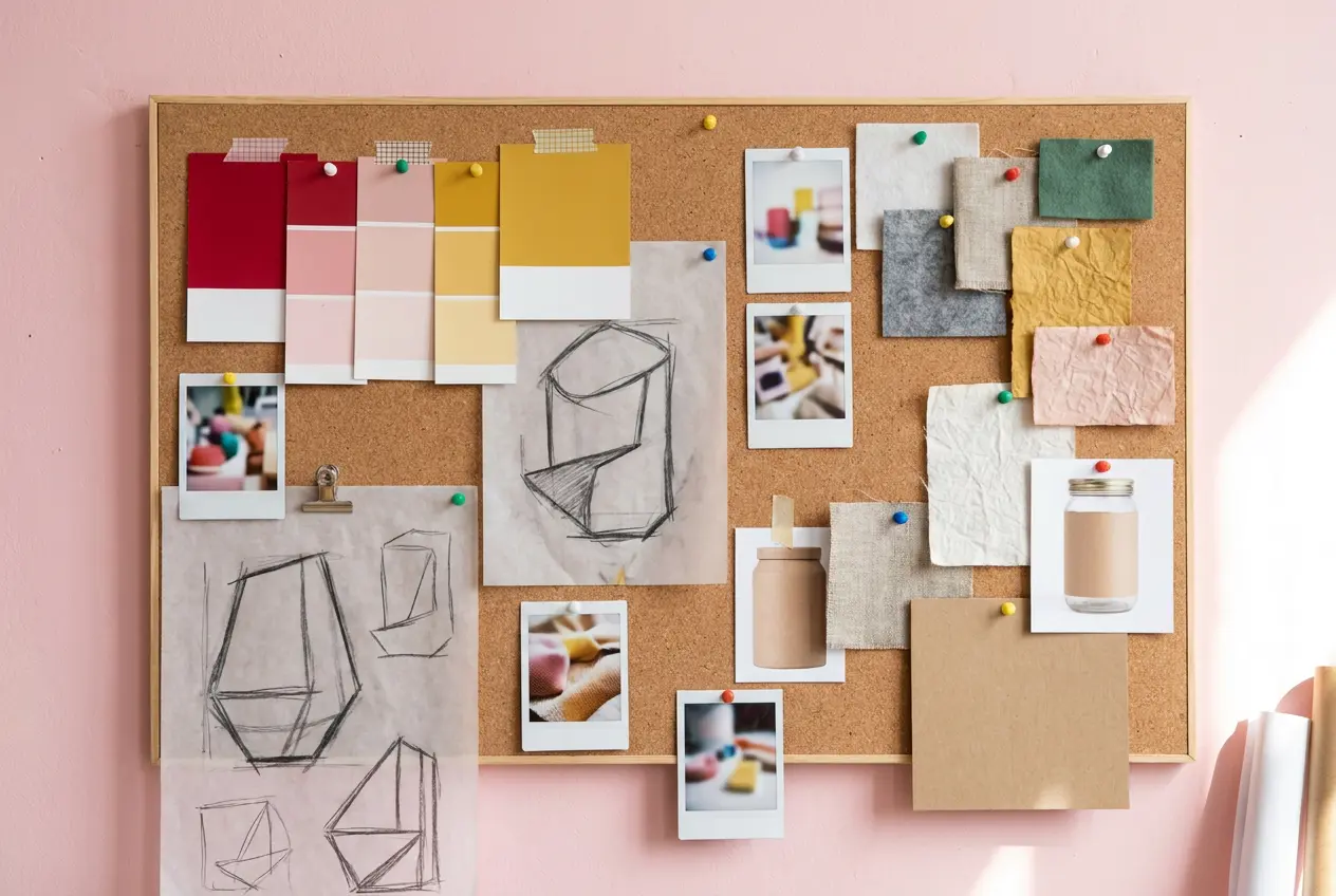 Brand identity moodboard with colour swatches and packaging