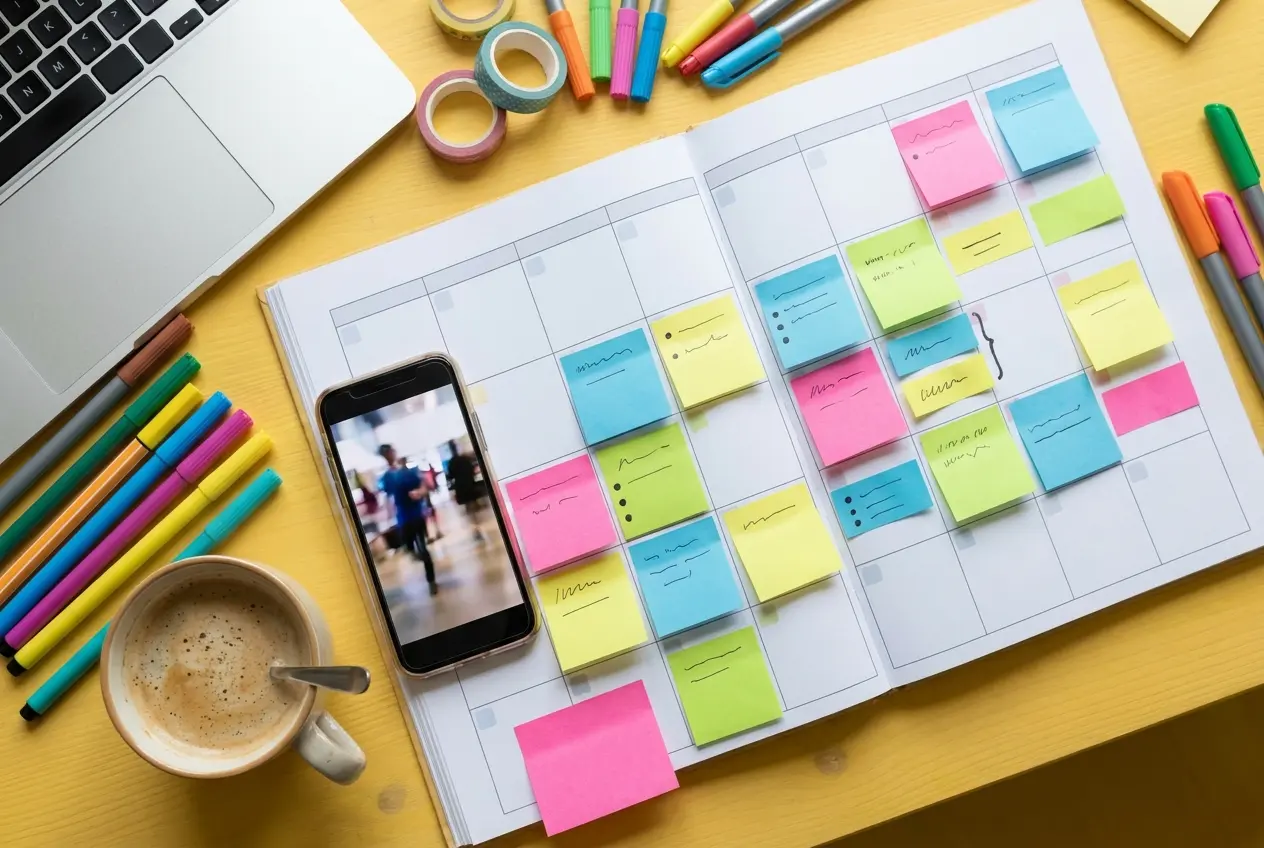 Content calendar with sticky notes and a phone
