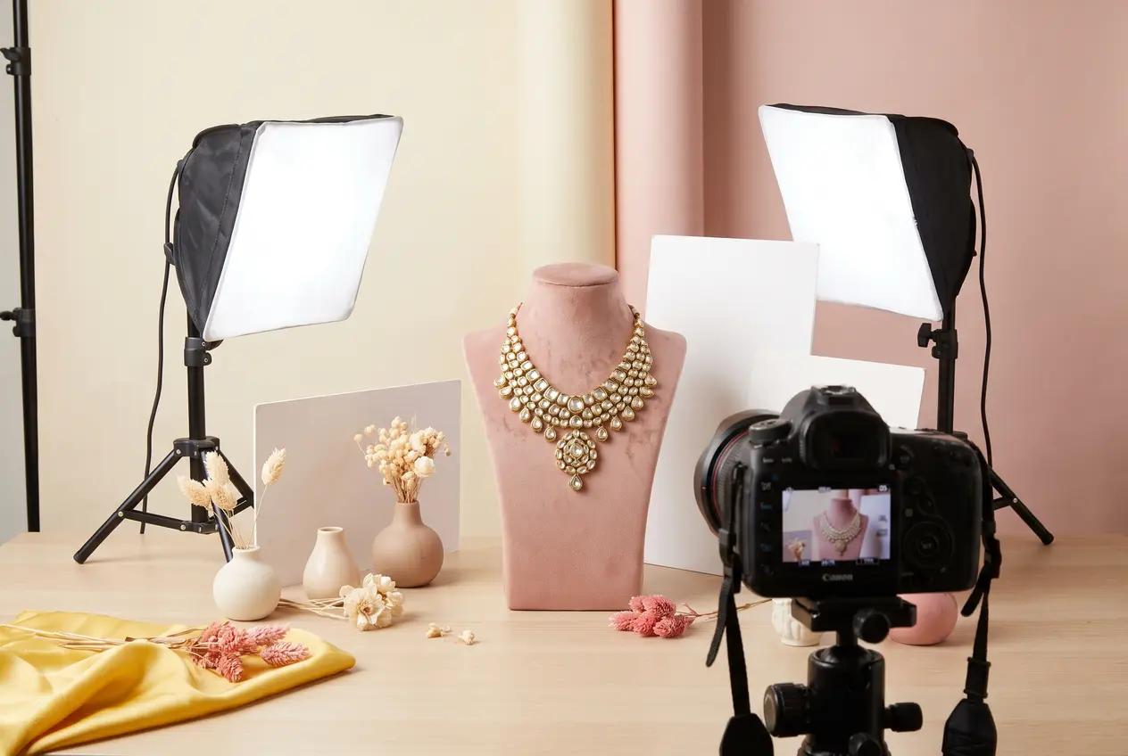 Gold kundan necklace on a pink velvet bust with small studio lights and a camera