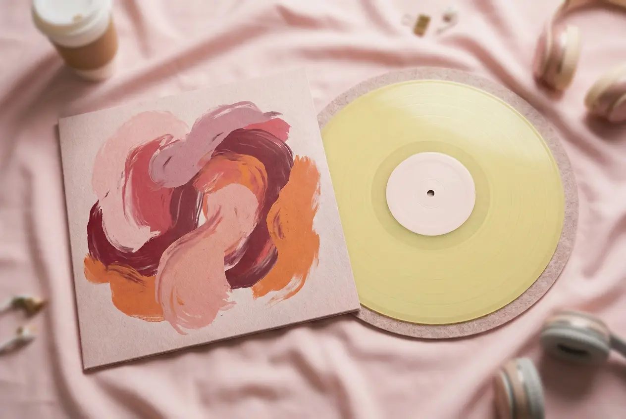 Vinyl record and album sleeve on a pink backdrop