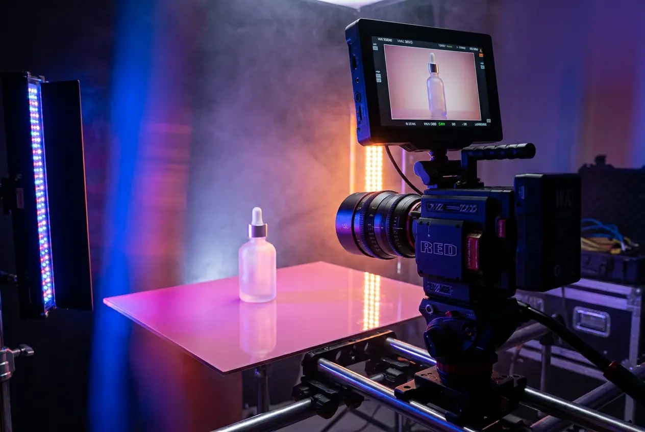 Cinema camera filming a skincare bottle on a pink set