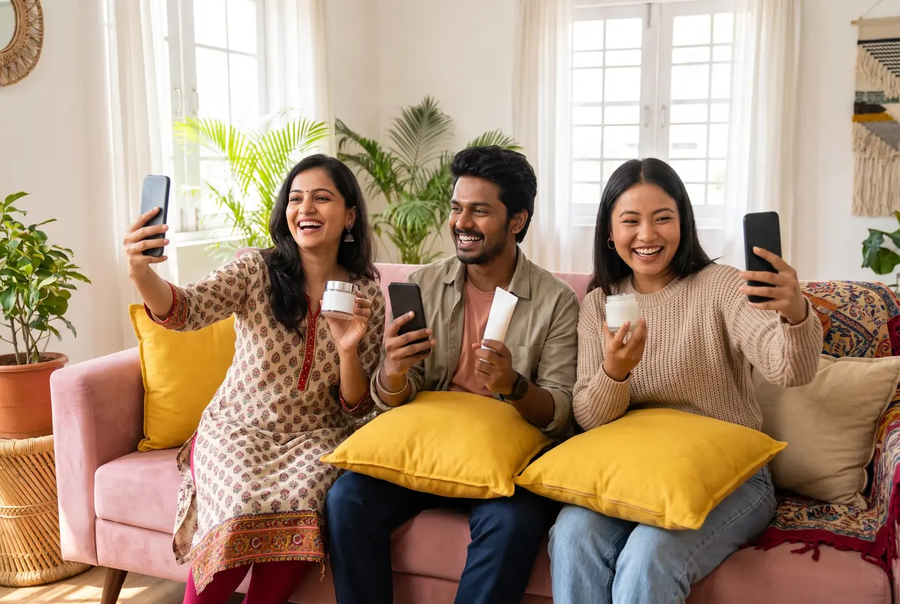 Three young creators filming themselves with skincare and makeup products on a pink sofa