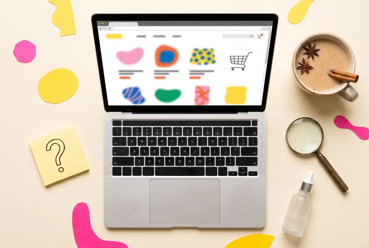 Laptop showing an online store with an empty cart on a cream desk