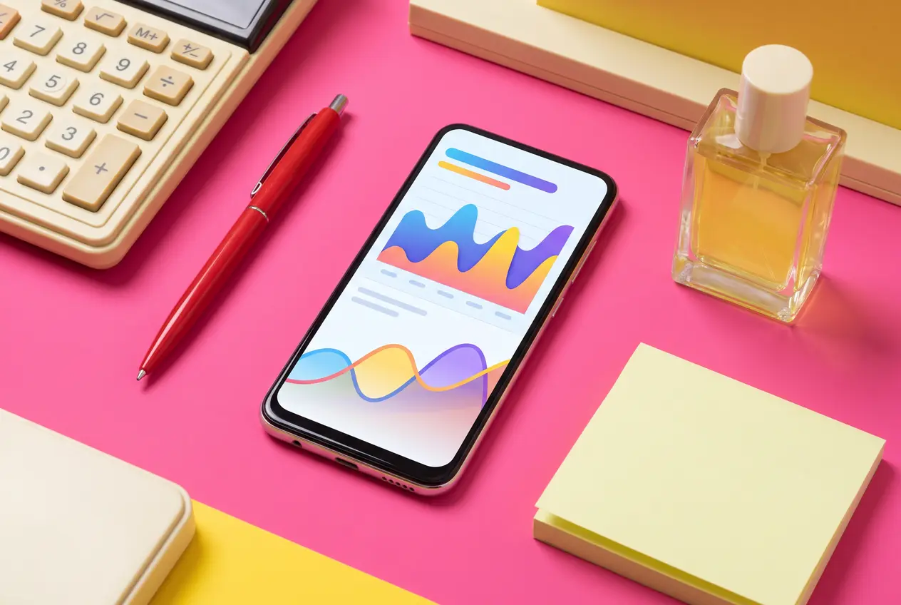 Phone showing colourful ad charts next to a calculator on a pink desk