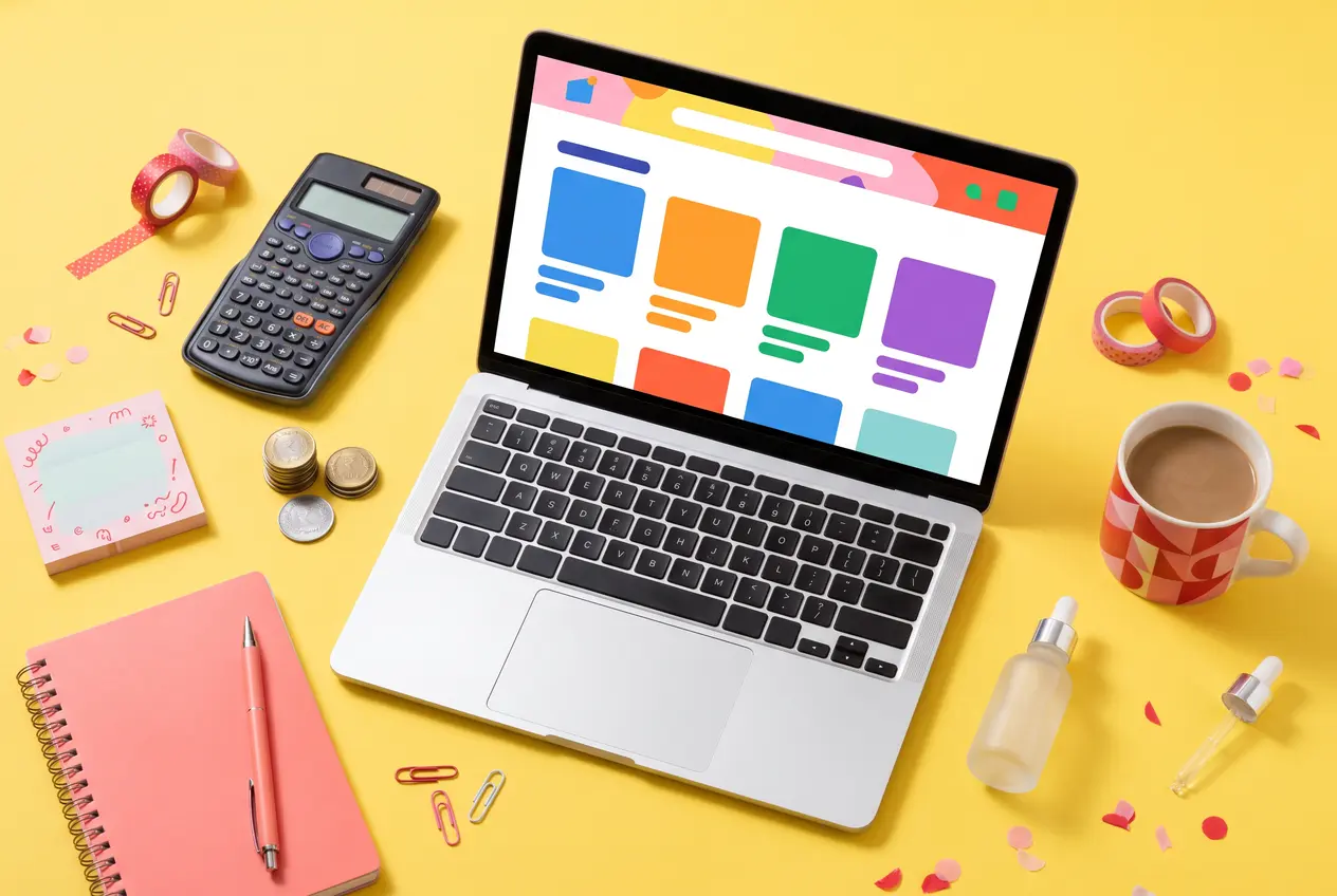 Laptop with an online store layout, a calculator and rupee coins on a yellow desk