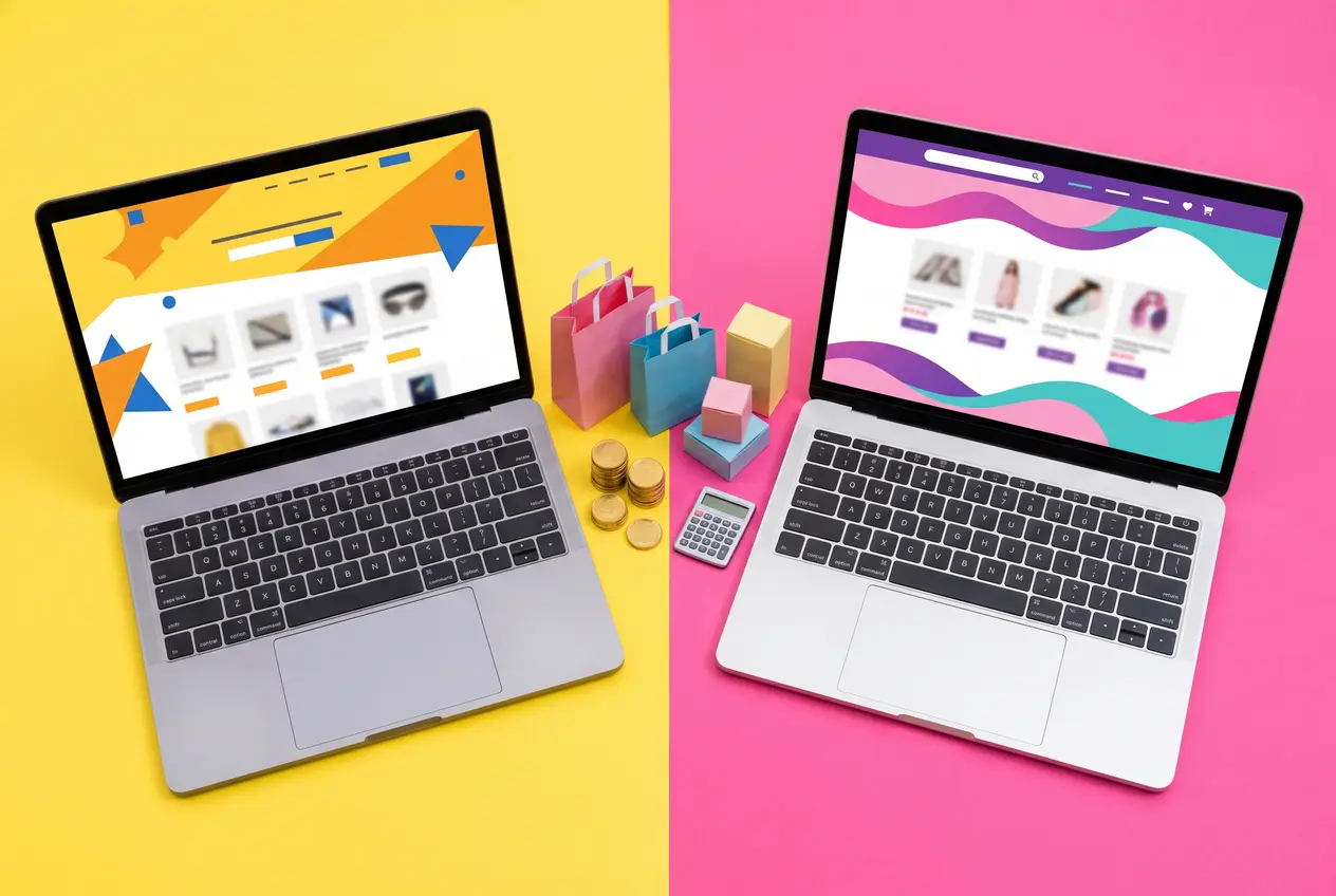 Two laptops side by side showing different online store layouts