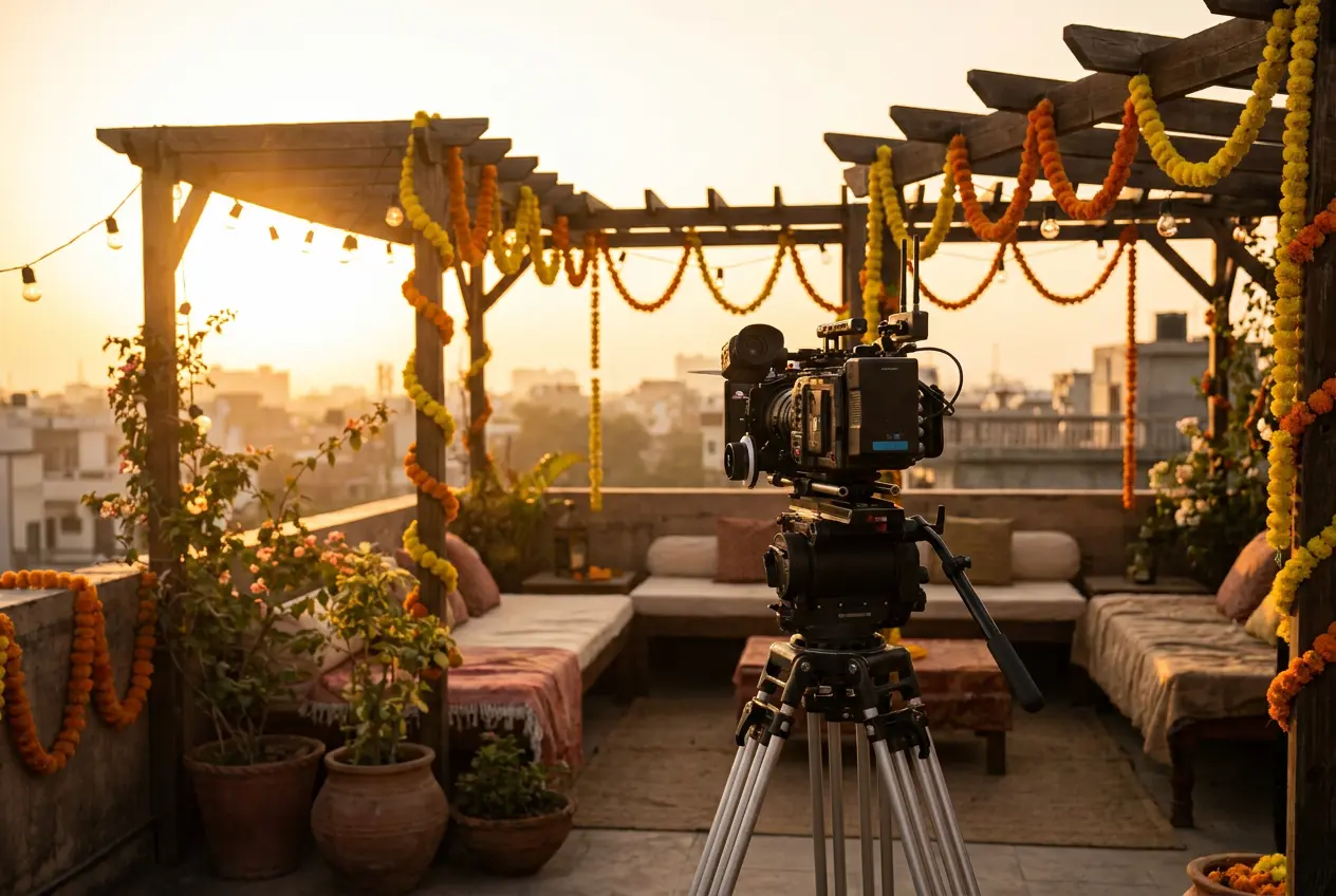 Music video set on a rooftop with fairy lights