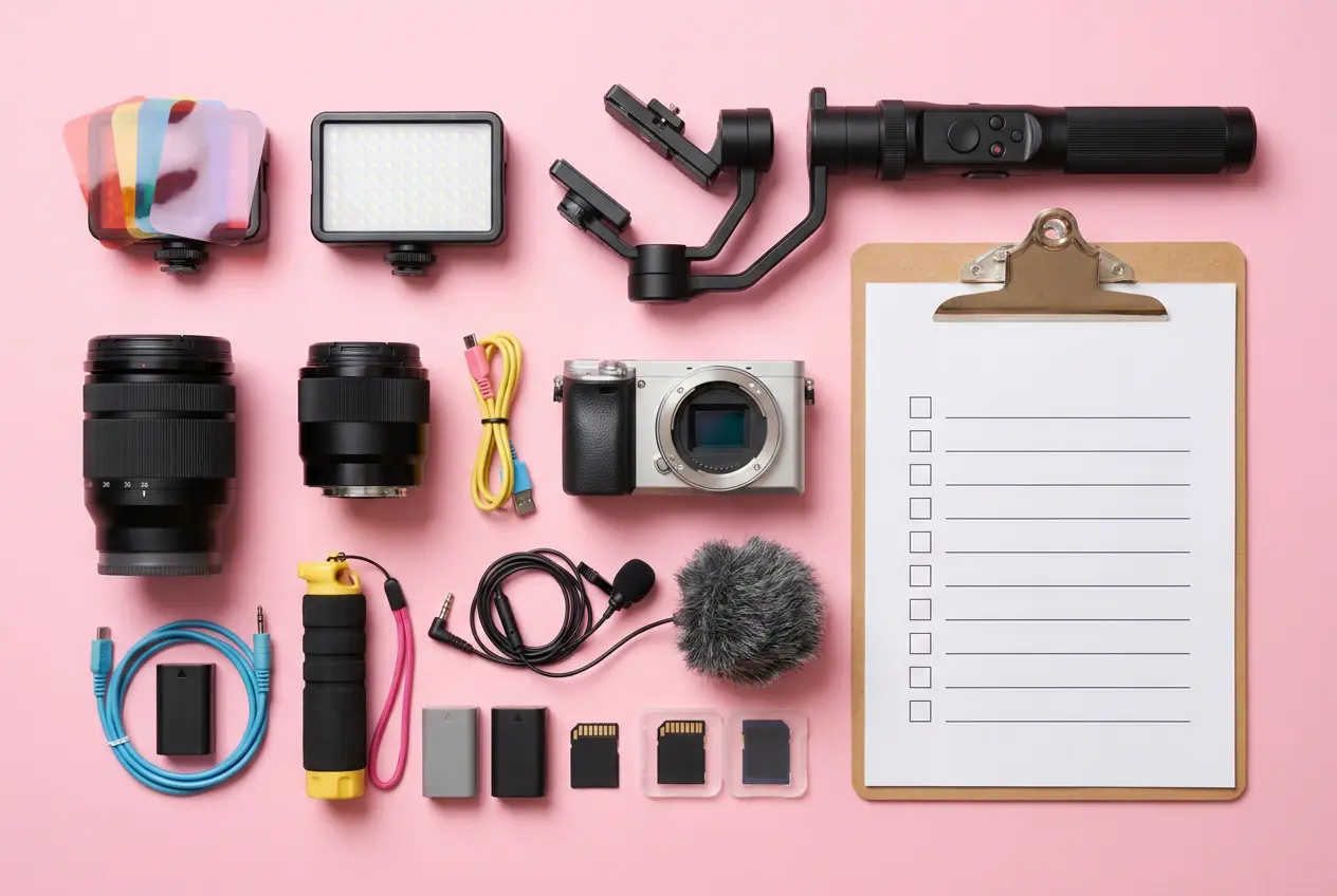 Camera, lenses, lights and a checklist laid out for a shoot