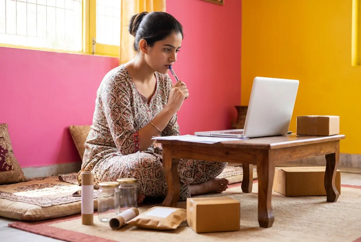 Creator reviewing a brief surrounded by products
