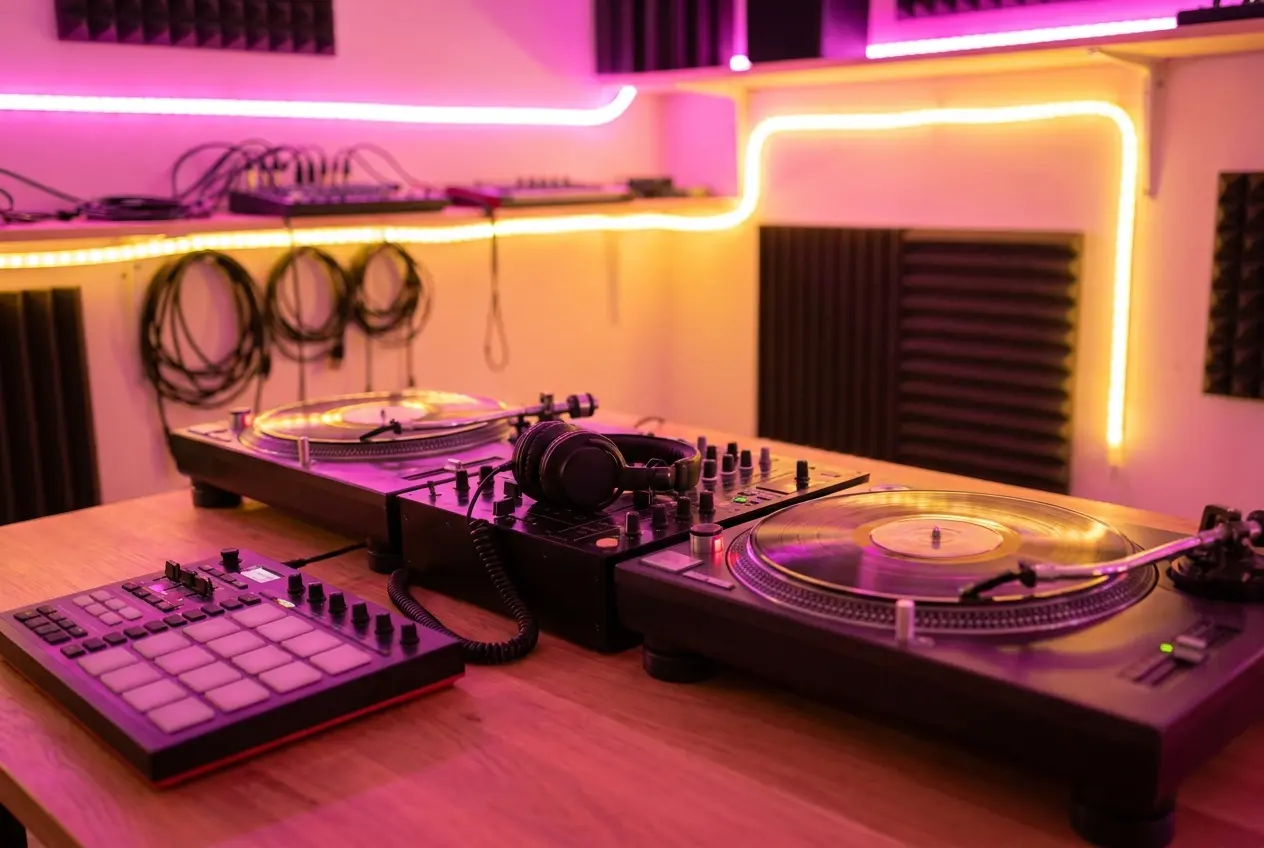 DJ decks and a controller under pink and yellow lights