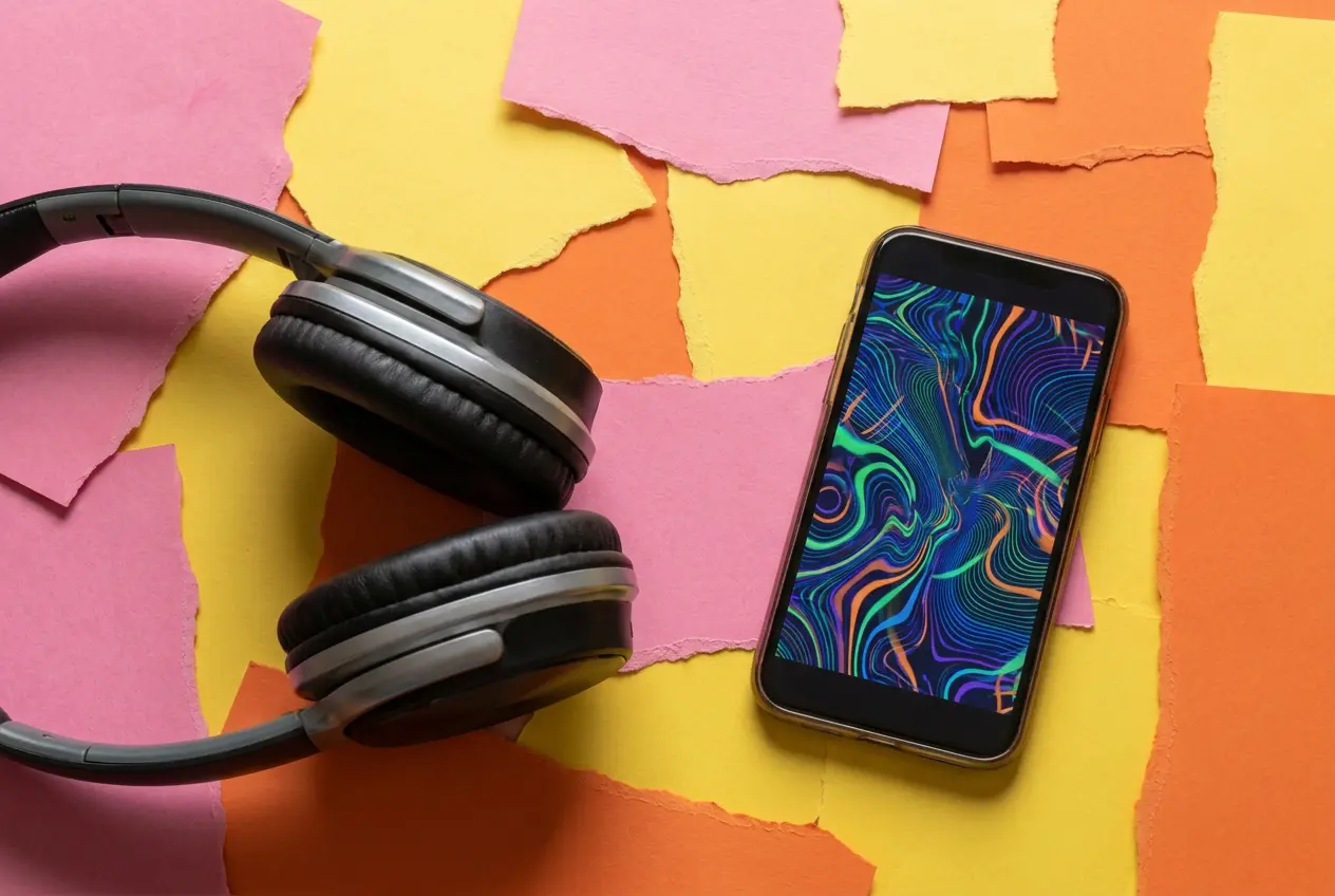 Headphones and a phone playing music on a pink collage