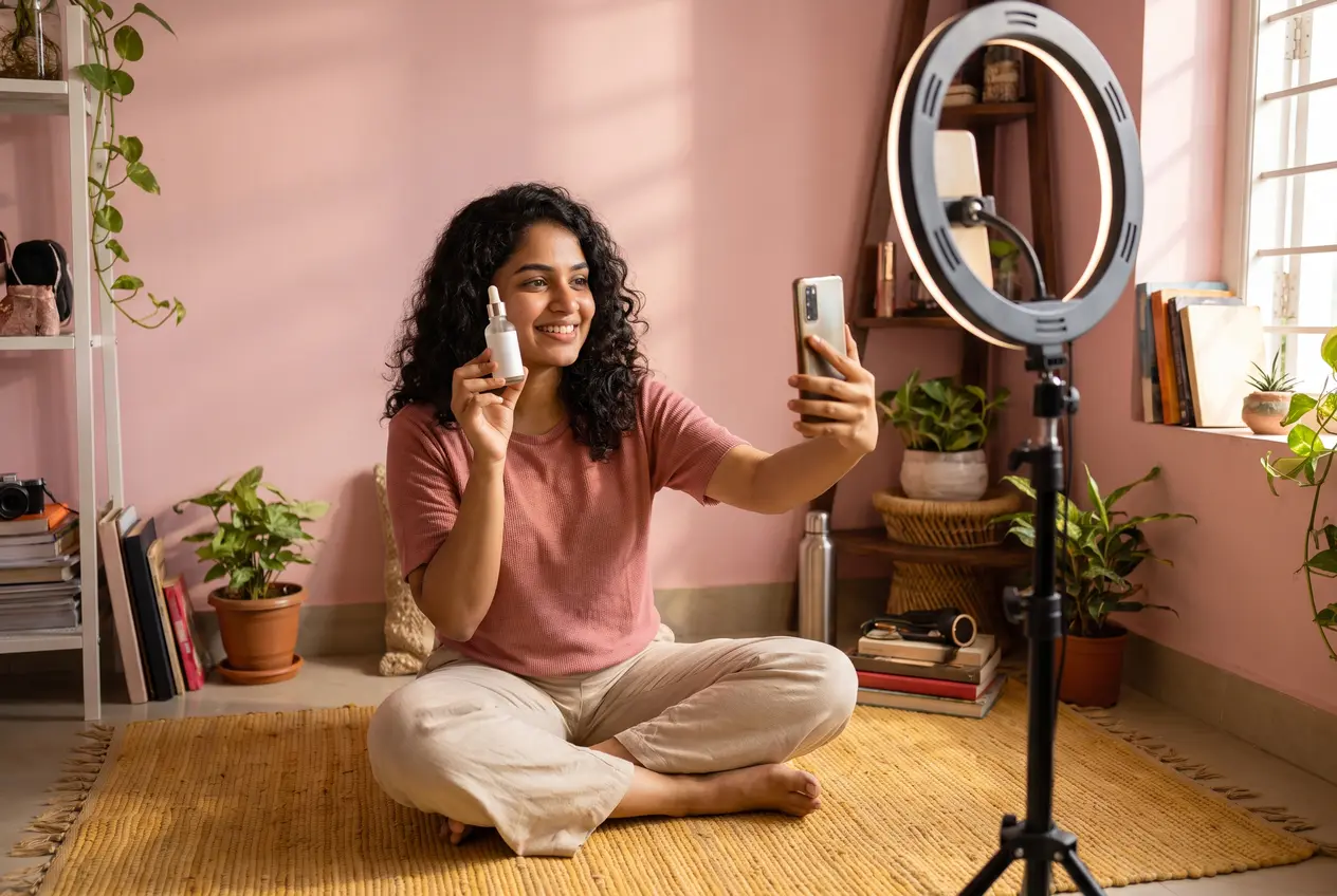 Creator filming a selfie video with a face serum in front of a ring light
