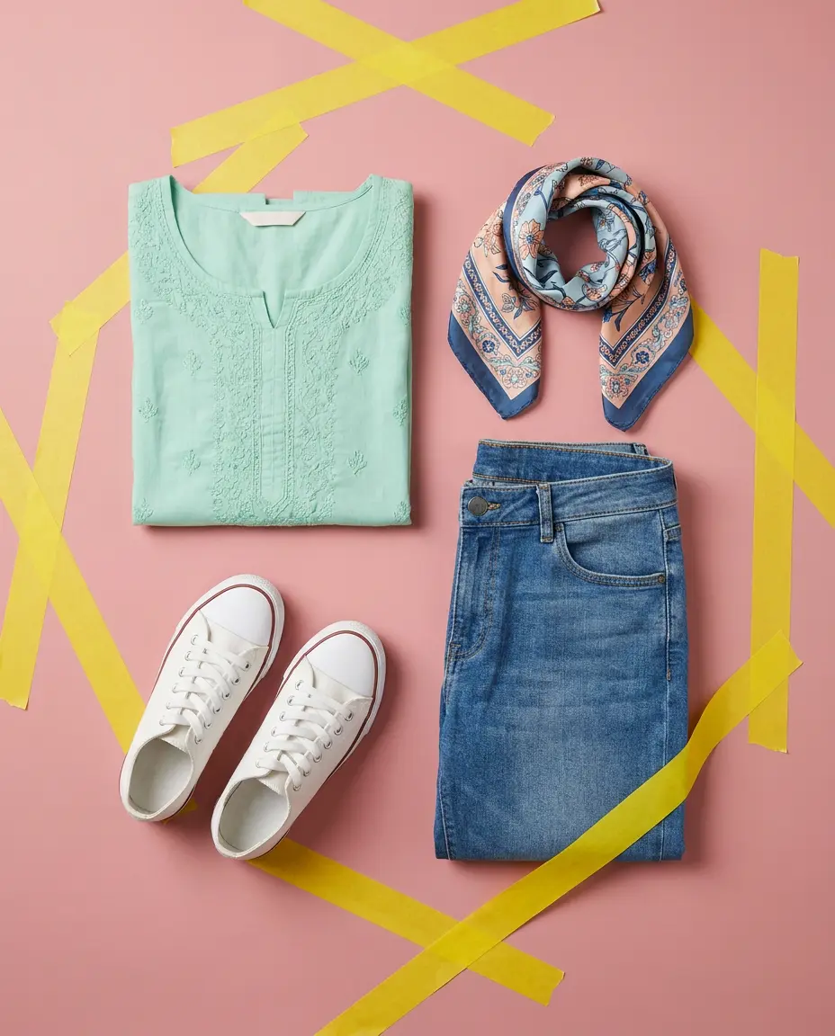 Folded kurta, jeans and sneakers flat lay