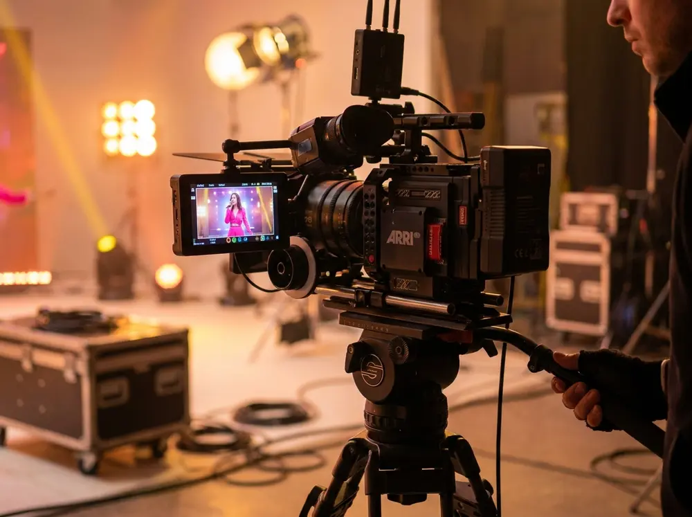 Camera monitor showing a model on set