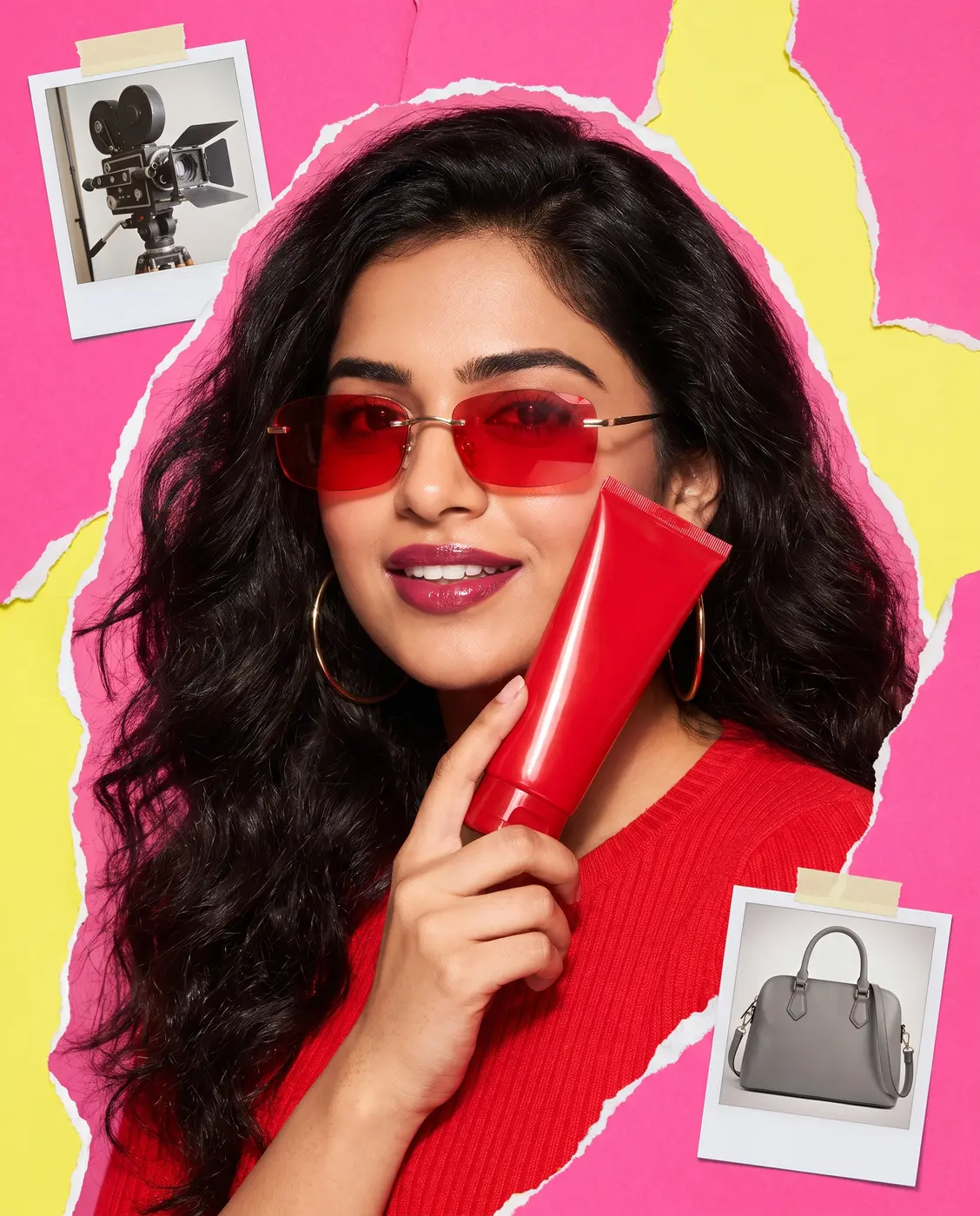 Model holding a red skincare tube in a pink and yellow paper collage