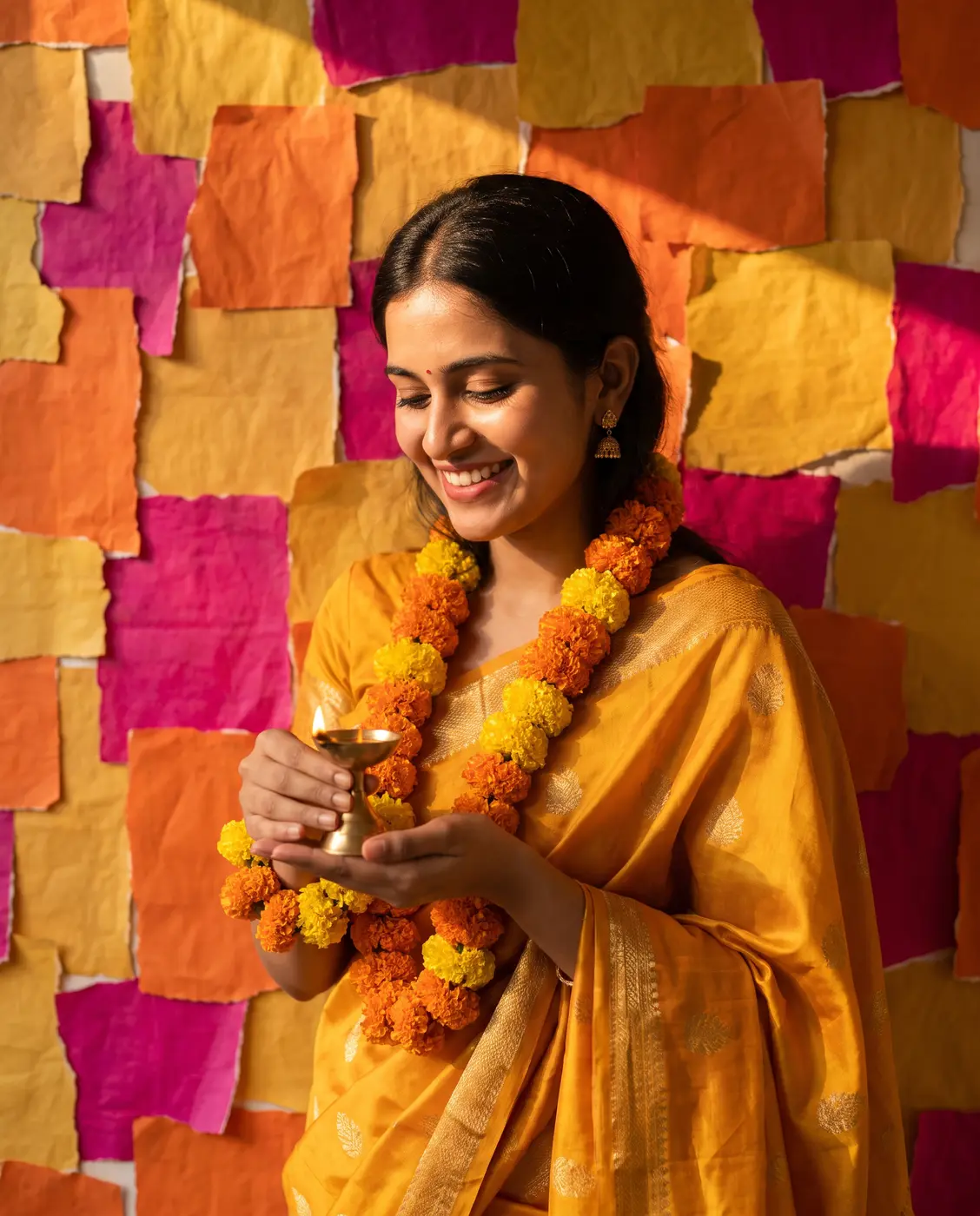 Woman in a yellow saree holding a lit brass diya