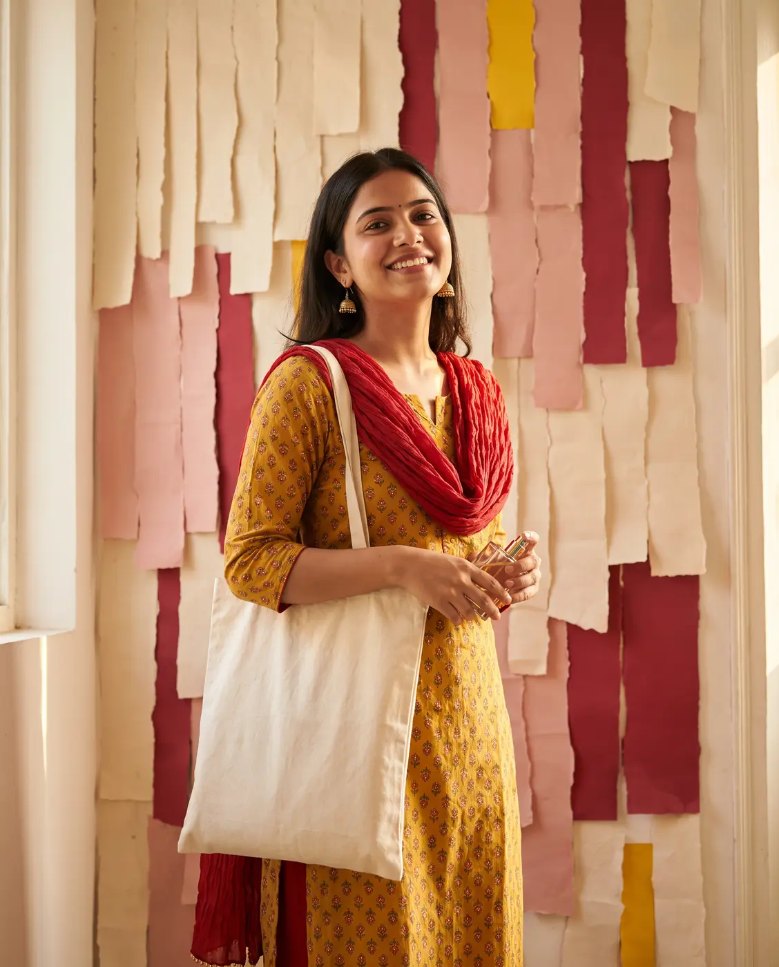 Young woman in a mustard kurta and red dupatta with a cream tote bag against a paper wall