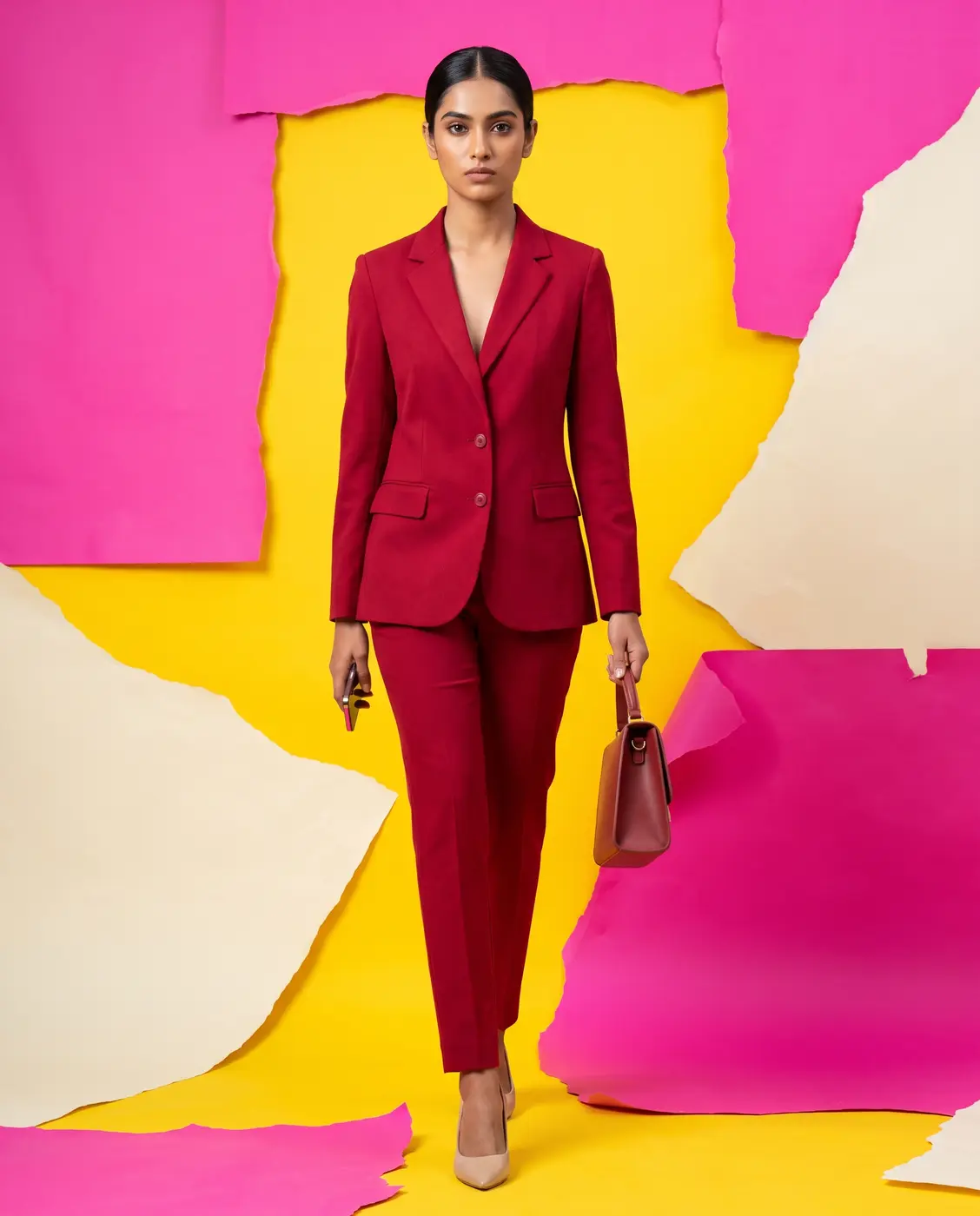 Confident young woman in a red pantsuit with a handbag against pink and yellow paper