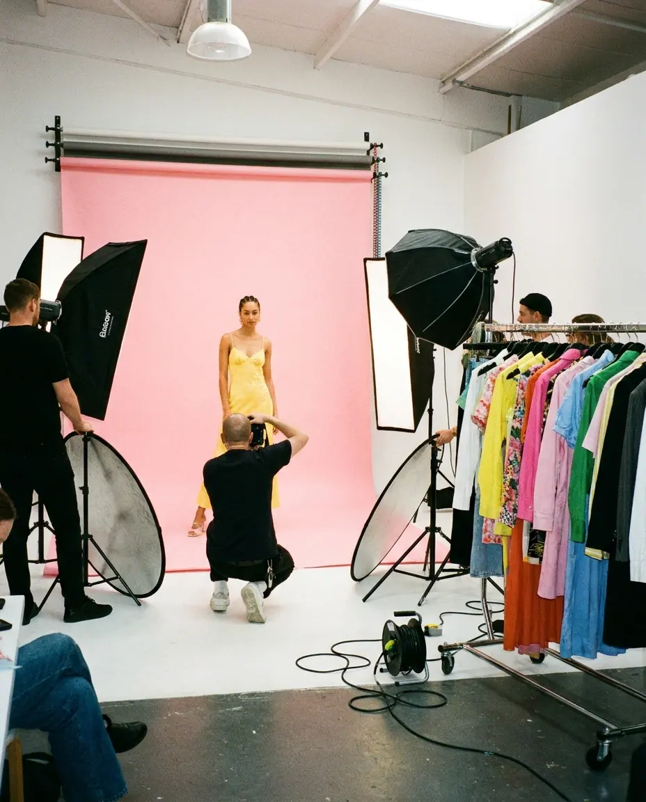 Lookbook shoot with a model on a pink backdrop