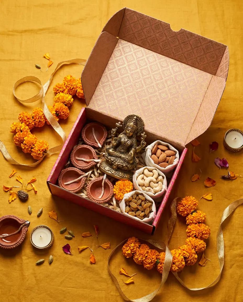 Festive gift box with a brass idol and diyas