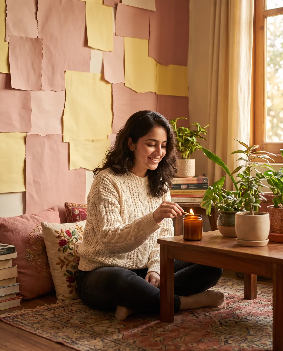 Woman lighting a scented candle at home