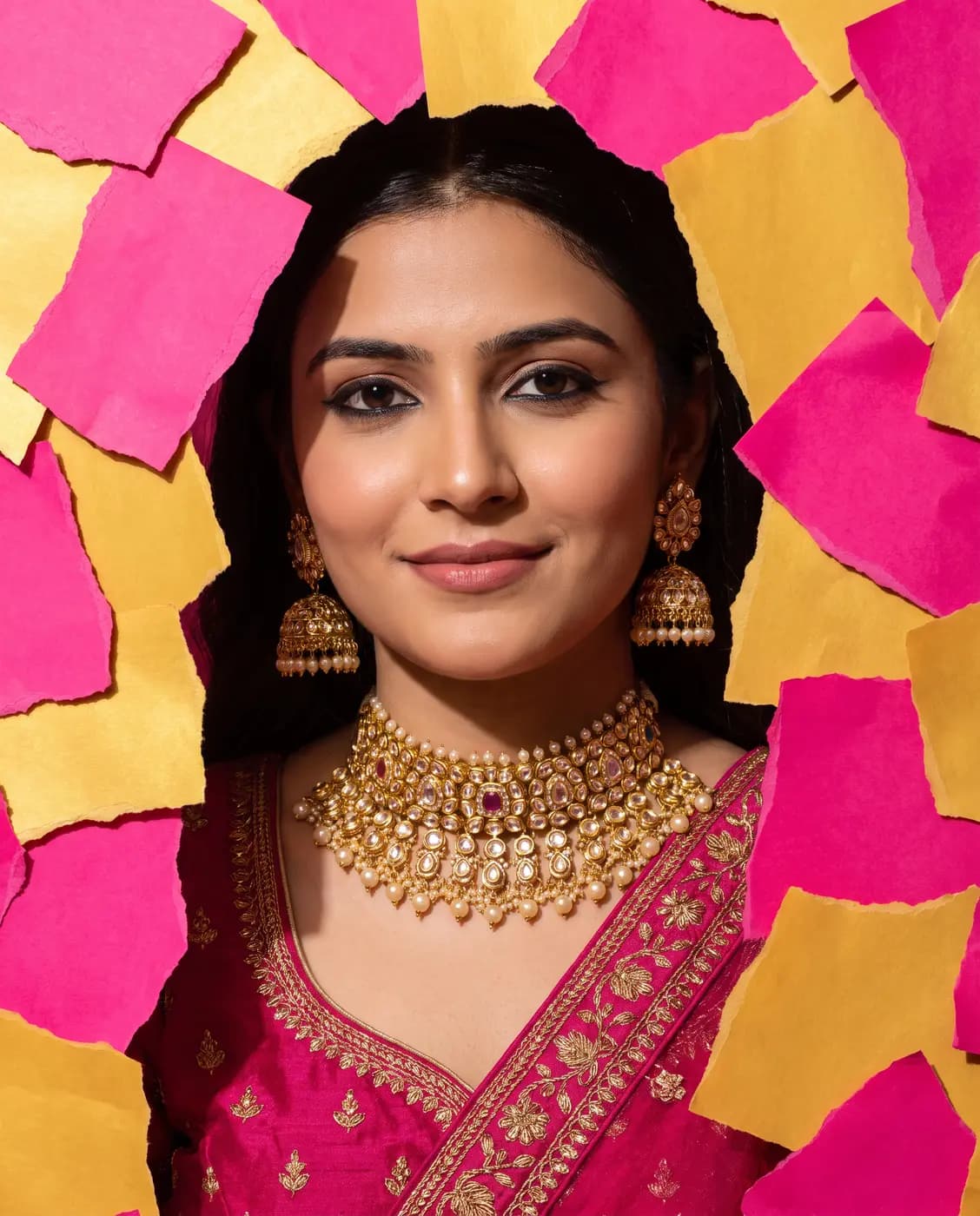 Woman wearing a gold kundan choker and jhumkas