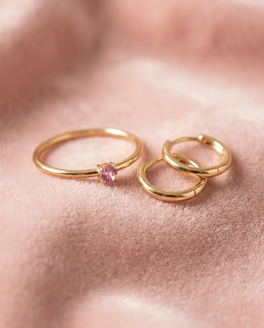 Gold ring and hoop earrings on pink velvet