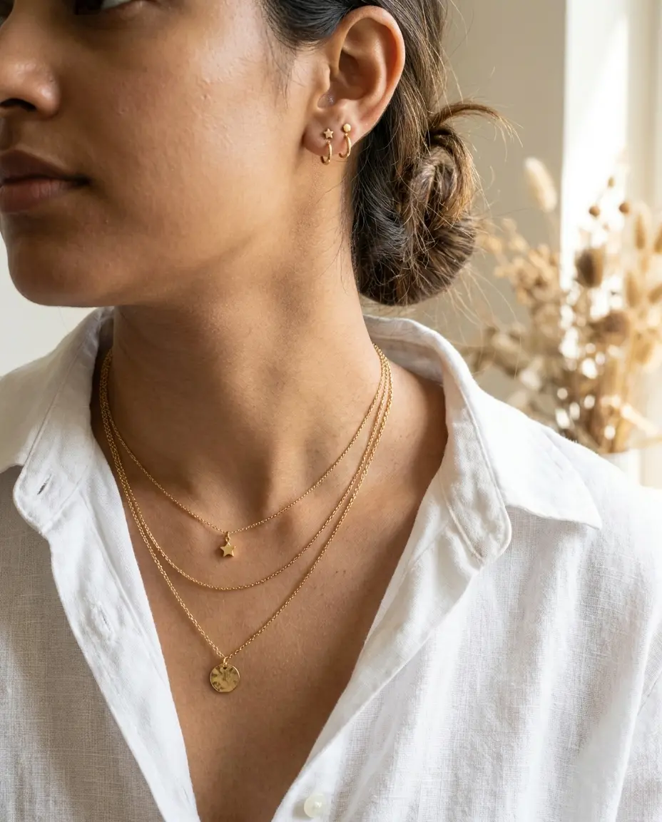 Layered gold necklaces on a model