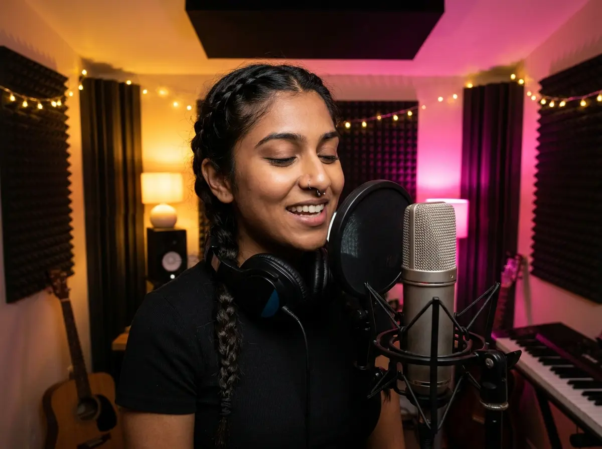 Independent musician recording vocals in a studio