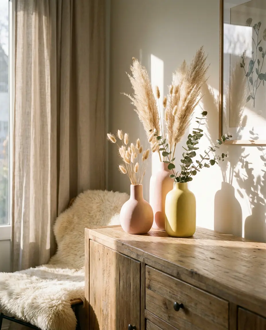 Pastel vases with dried flowers