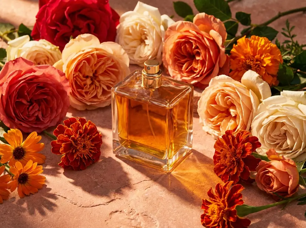 Perfume bottle among flowers for a campaign