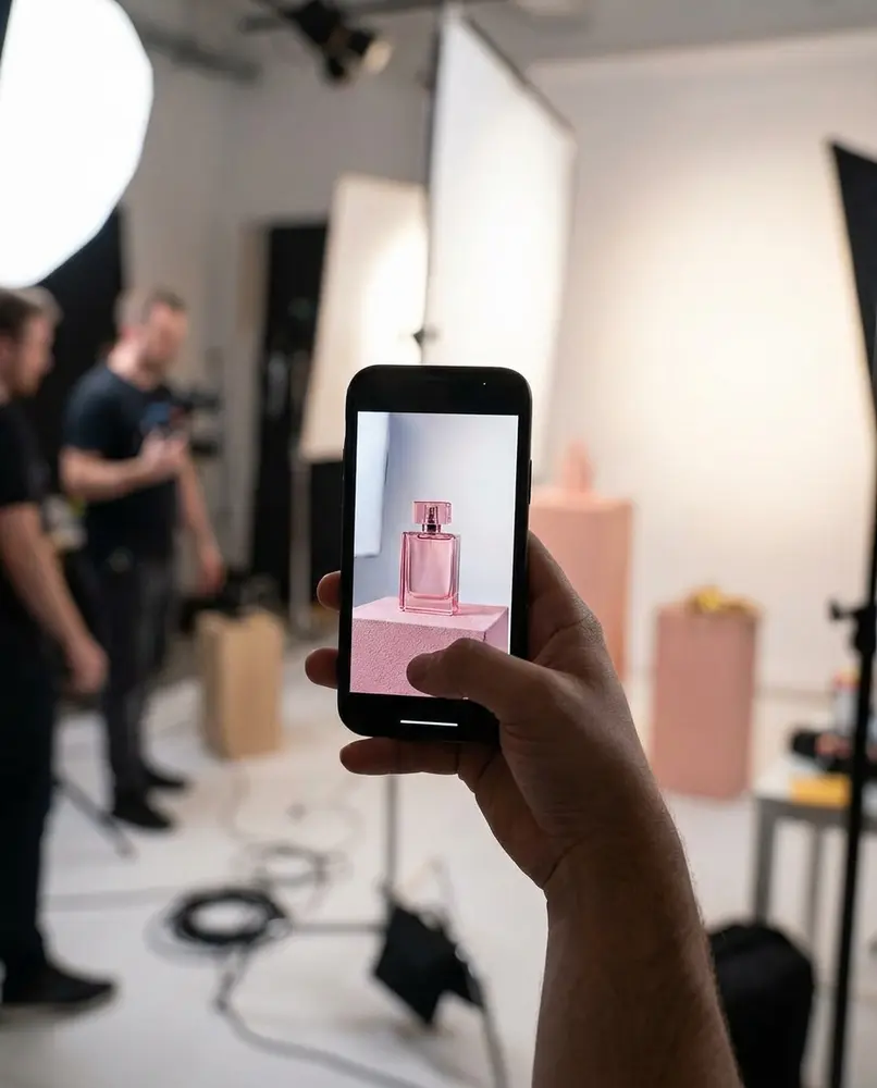 Filming a perfume bottle on a phone during a shoot