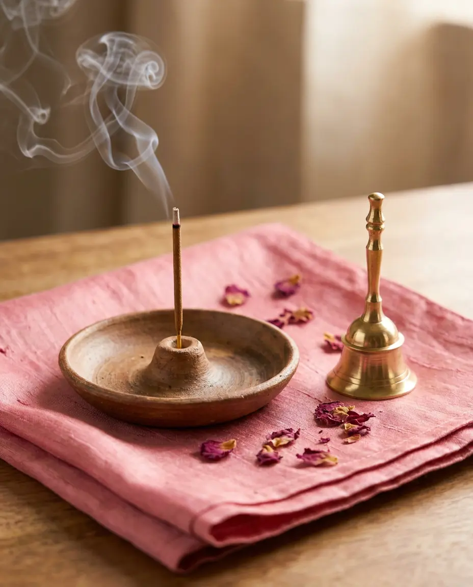 Incense holder with a puja bell and rose petals