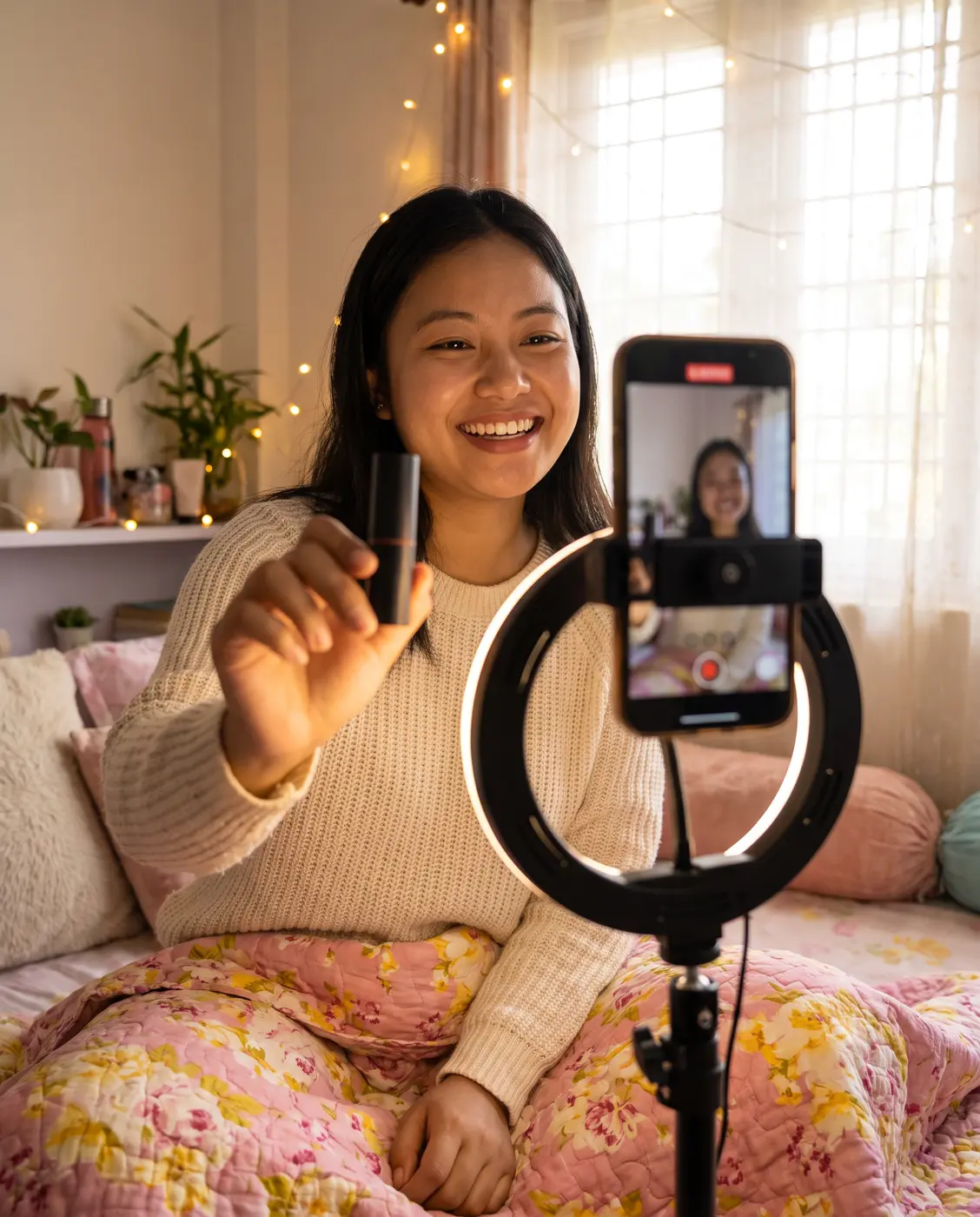 Creator filming a selfie video with a lipstick on a ring light