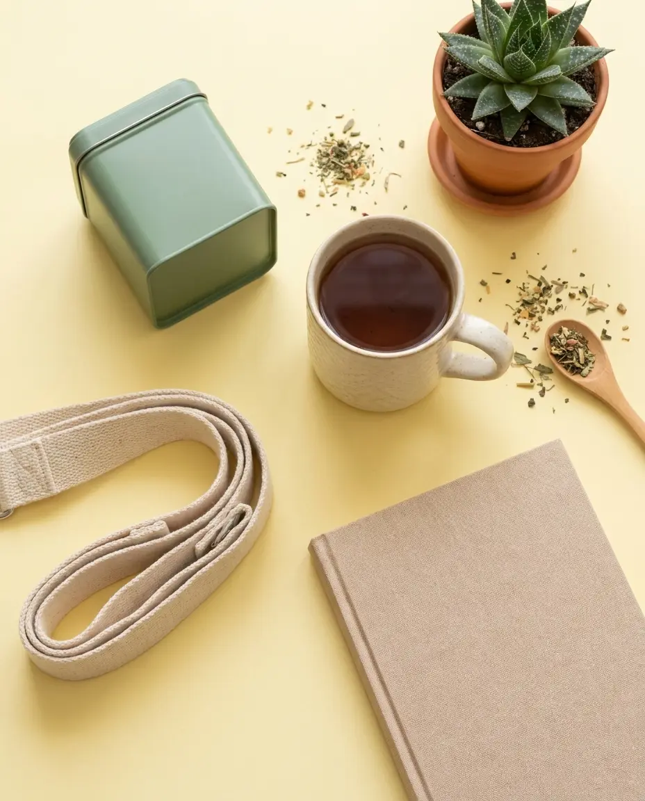 Wellness routine flat lay with tea and a journal